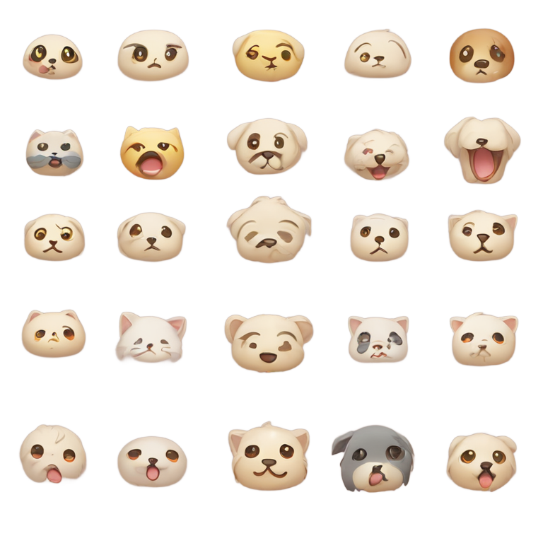 genmoji：请根据我上传的宠物照片生成一套吉卜力风格的简约WhatsApp表情包，包含开心、伤心、兴奋、哭泣、大笑、微笑、哭泣、知道了、思考、疑问、恐慌、“朕知道了”等情绪。