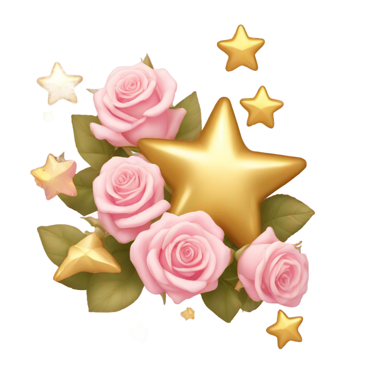 genmoji: "Small golden five-point stars and light pink roses, iOS emoji, scattered as decorative floating elements, soft 3D shading, pastel colors, no background"