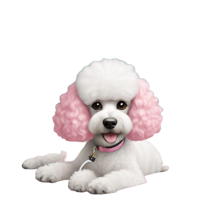 genmoji：贵宾犬旁边的AirPods，放在粉红色床上