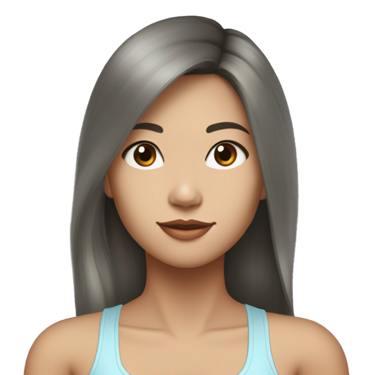 genmoji: Three-quarter view of a youthful thin pranic taiwanese woman, with dark tanned skin and long thick cascading hair dyed white as snow, with a very light blue mini tank top