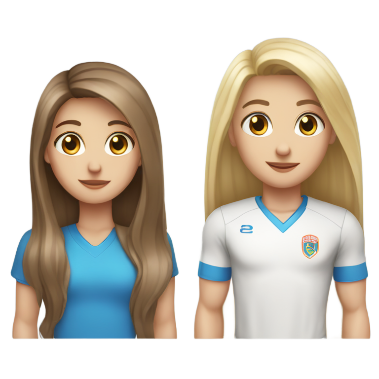 genmoji : Fille brune aux cheveux longs et raides, à côté d'un garçon blond aux yeux bleus en maillot de football, amoureux.
