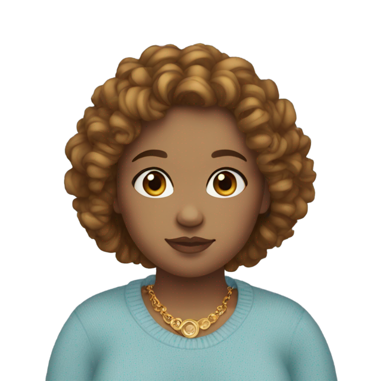 genmoji : Fille métisse aux yeux bleus, cheveux bruns longs et bouclés, bijoux en or, pull bleu clair.