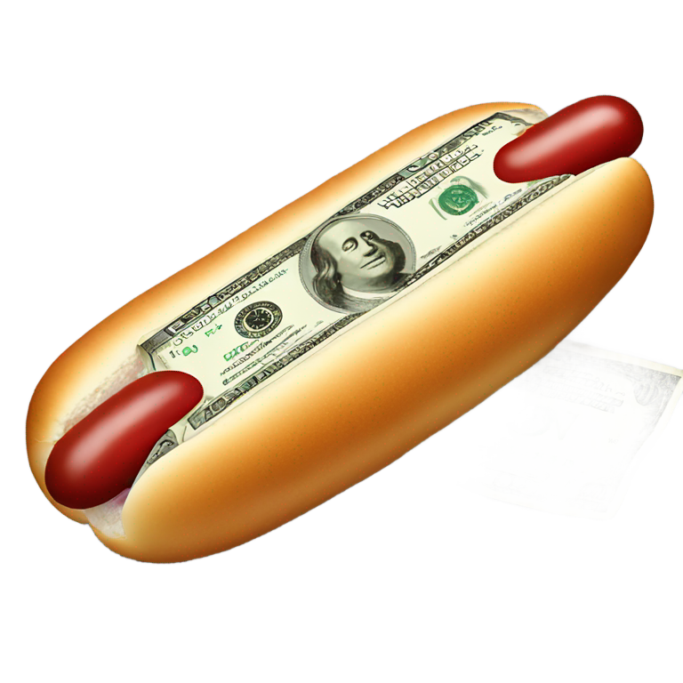 genmoji : Ketchup sur un billet de 10 000 dollars, fourré dans un pain à hot-dog