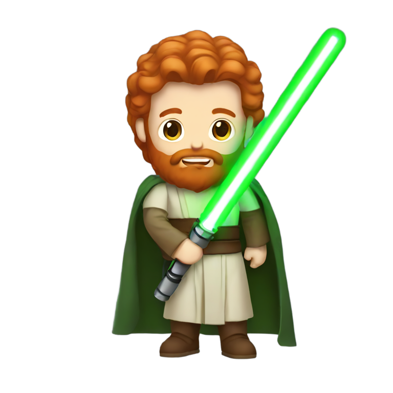 genmoji : Jedi barbu à la tête rouge avec sabre laser vert