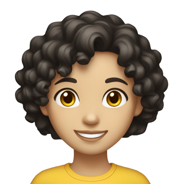 genmoji：黑色卷发及肩、肤色苍白、棕色眼睛、开心微笑的女孩，穿着黄色衣服。
