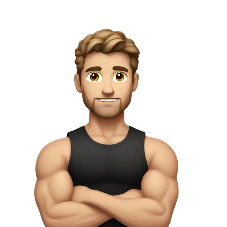 genmoji：强壮的白人男性，棕色头发，黑色背心，银链，交叉双臂