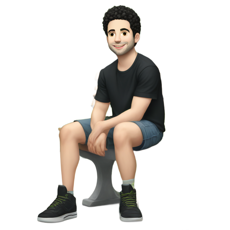 genmoji：萨姆·莱文穿着短裤和鞋子坐在长凳上
