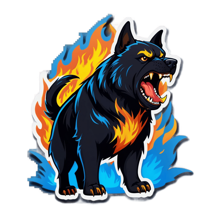 genmoji：一只黑色凶猛的狗，带着金色冰块，在蓝色火焰上愤怒地吠叫