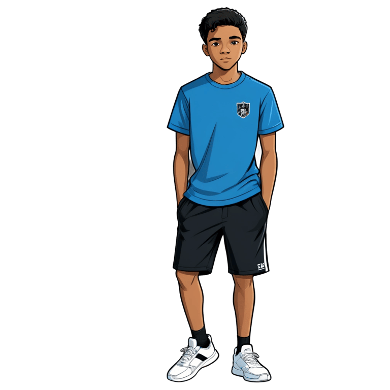 絵文字：17歳の多人種の少年、黒髪短髪、青いTシャツと黒のスウェットパンツを着用。
