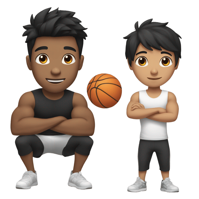 genmoji : Deux garçons aux cheveux noirs s'entraînant dans une salle de sport, l'un en t-shirt noir, l'autre en t-shirt blanc.