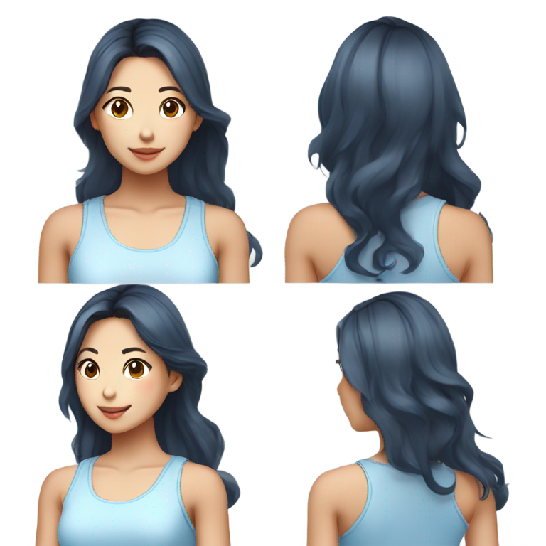 genmoji: Three-quarter view of a youthful thin pranic taiwanese woman, with strongly tanned skin and long thick cascading hair dyed white as snow, with a very light blue mini tank top