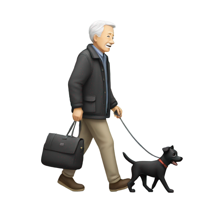 絵文字：白髪の老人が黒い犬を散歩させている