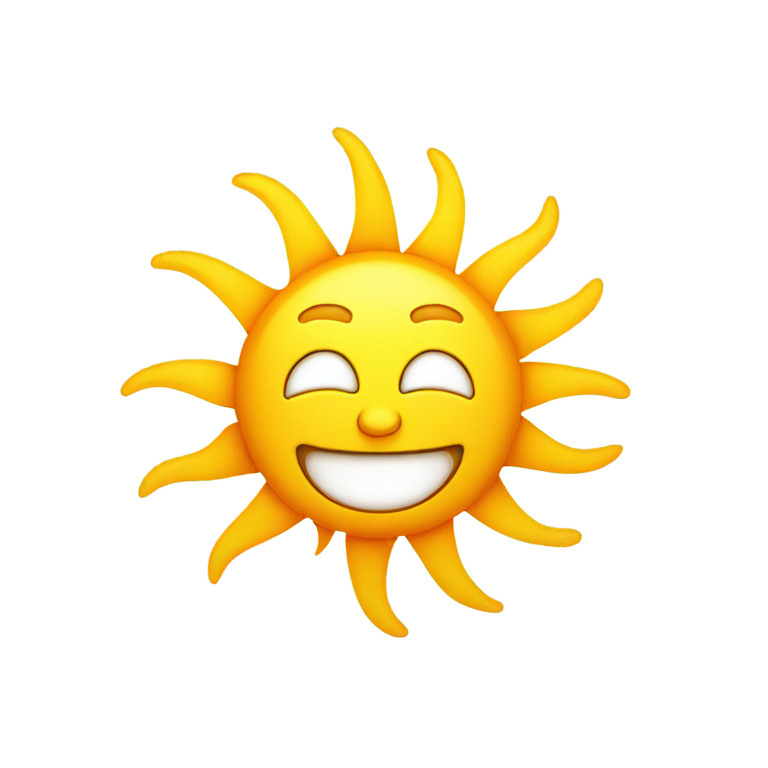 genmoji : Un soleil de dessin animé souriant, avec un visage blanc, des yeux et un nez noirs, un sourire joyeux, et les couleurs de la luminosité du soleil en rouge et jaune.