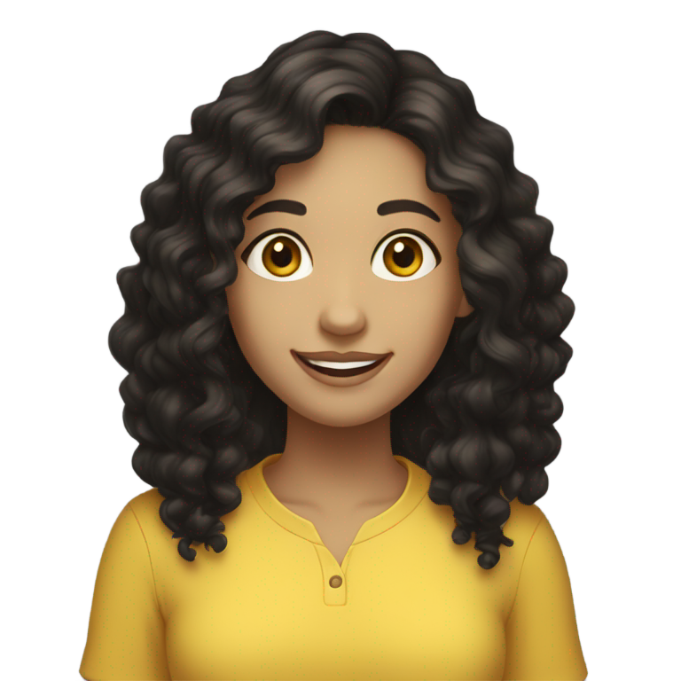 genmoji：长卷黑发、白皙皮肤、棕色眼睛、开心微笑的女孩，穿着黄色衣服。