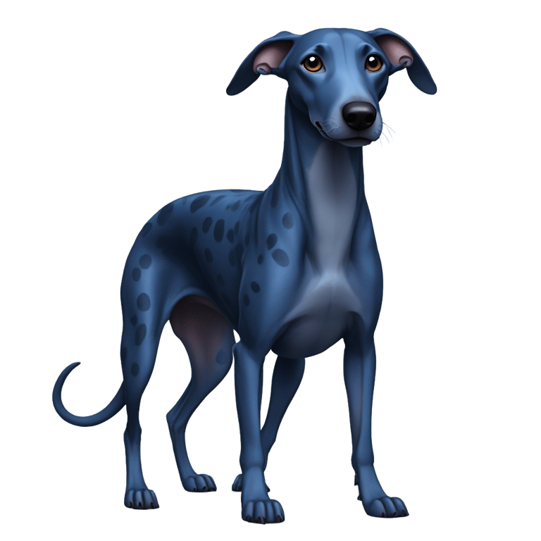 genmoji: an all dark blue whippet with a dinosaur like spot on their chest and ears almost too big for their face