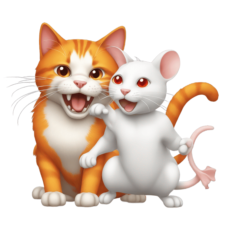 genmoji：Orange cat and white rat with red eyes fighting
