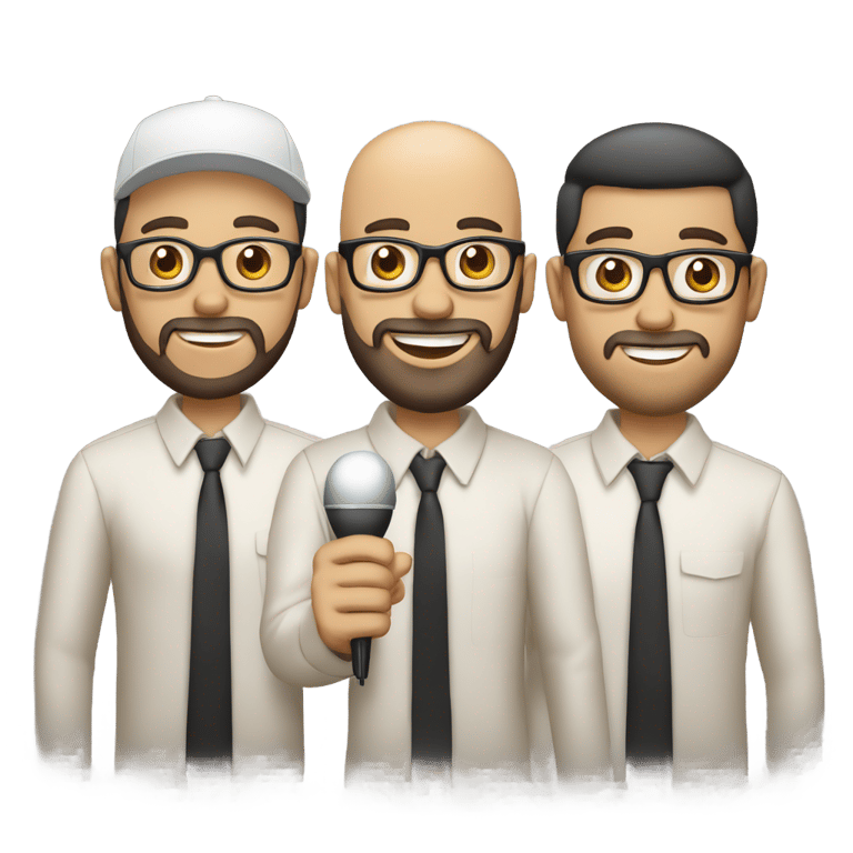 genmoji：三个人，皮肤白皙，围着蛋糕庆祝生日。其中一个光头，戴着眼镜，耳机和麦克风。另一个有胡子，黑发，戴眼镜。第三个光头，戴着帽子。