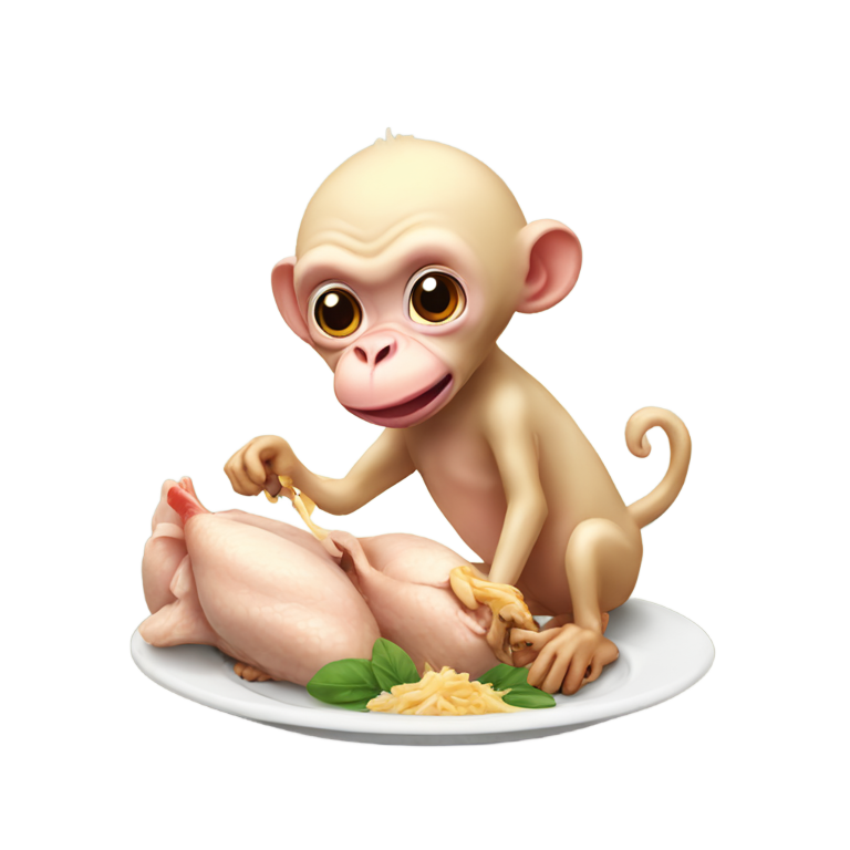 genmoji: hairless cooked chicken being eaten by a monkey