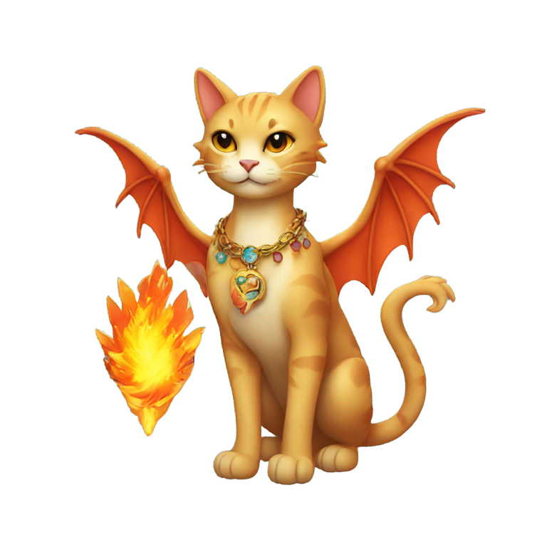 genmoji: Make cat with dragon, wings, and a necklace with a fire charm