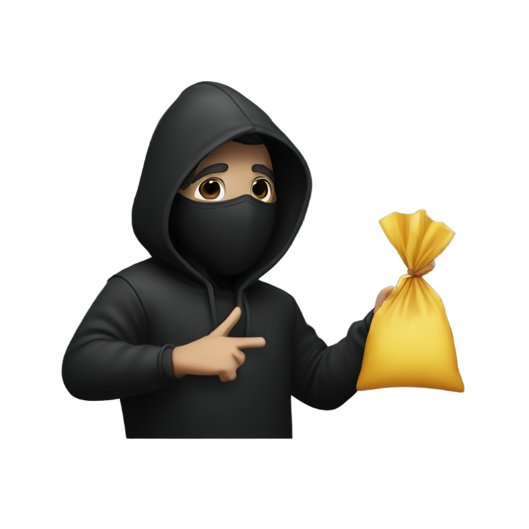 genmoji：蒙面黑衣人，戴着兜帽，一手指示安静，仿佛在说秘密，另一手拿着装满盐的透明袋子。