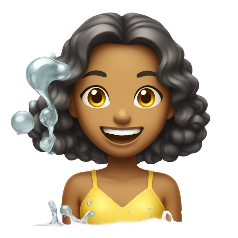 genmoji：开心女孩穿着透明裙，吐舌头，黄色骨头喷水入嘴