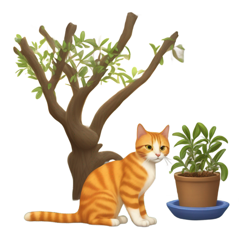 genmoji：橙猫拉里与男孩基普顿·克拉格斯·里格比玩耍，同时照料室内橄榄树，后面还有猫卡特琳娜。