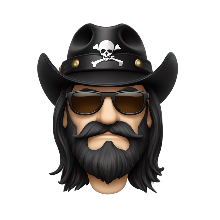 genmoji : Lemmy Kilmister avec lunettes Ray-Ban noires, barbe à la Souvorov, chapeau haut de forme en cuir noir taille basse avec drapeau pirate au centre.