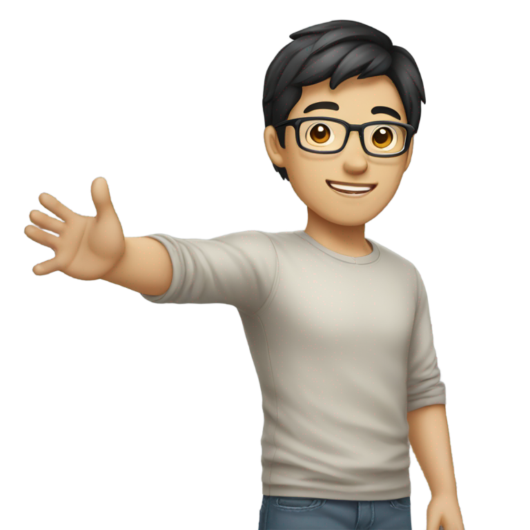genmoji：亚洲男性，浅肤色，黑发，渐层发型，戴眼镜，穿着休闲服，挥手致意