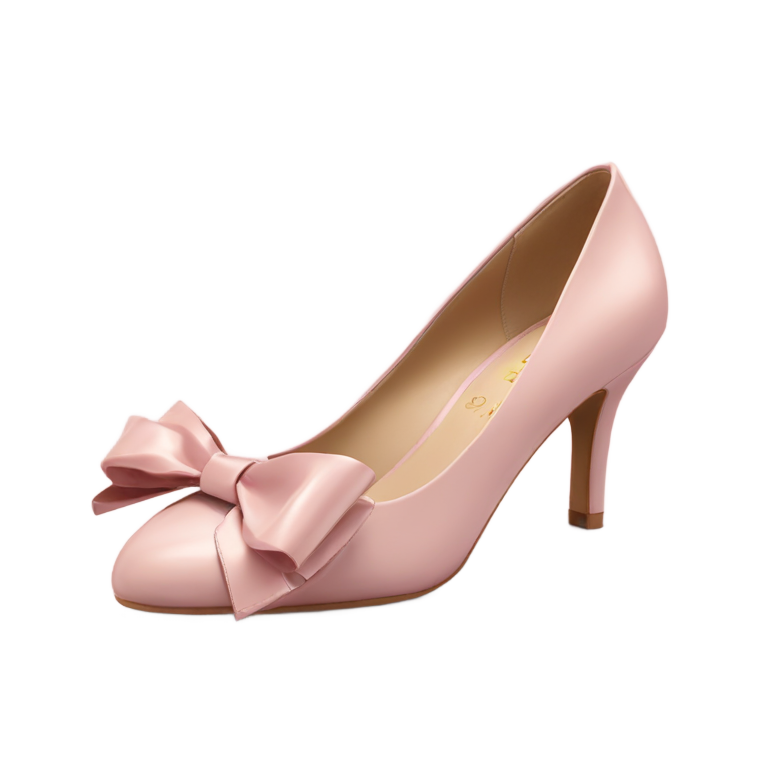 genmoji: Soft pink heels with a glossy finish, featuring delicate ribbon bows on the front, a rounded toe, and a slim, elegant heel — feminine and graceful.