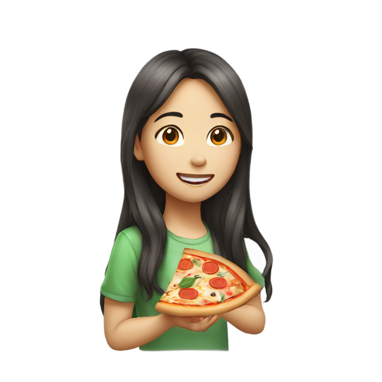 genmoji : Une fille asiatique aux cheveux longs mangeant une pizza