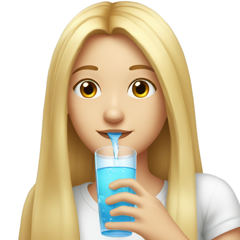絵文字：金髪の長いストレートヘアの女の子が白いTシャツを着て水を飲んでいます。