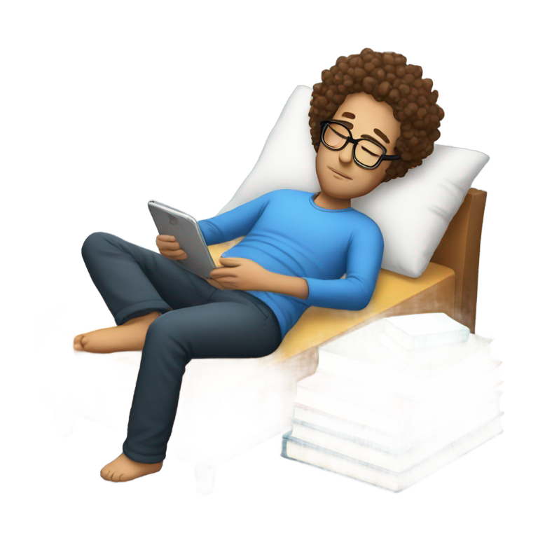 genmoji：卷发戴眼镜的男人睡在床上，手机旁的书桌上堆满了书。