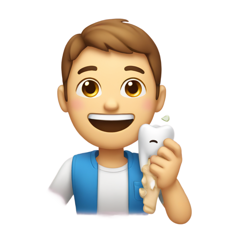 genmoji : Une personne tenant sa dent extraite dans la main, souriante