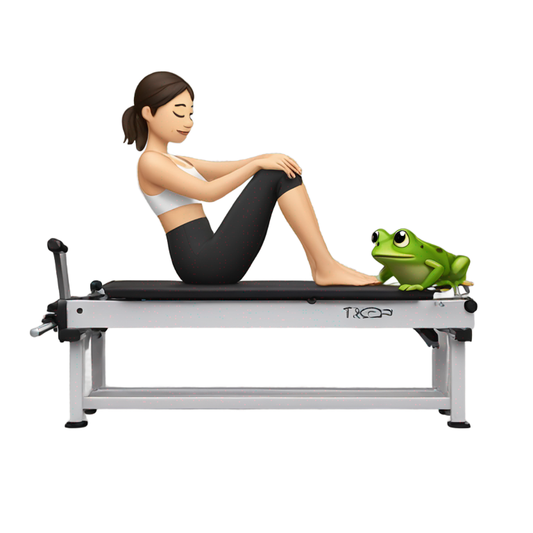 genmoji : Fille brune faisant un mouvement de Pilates grenouille sur une machine reformer.