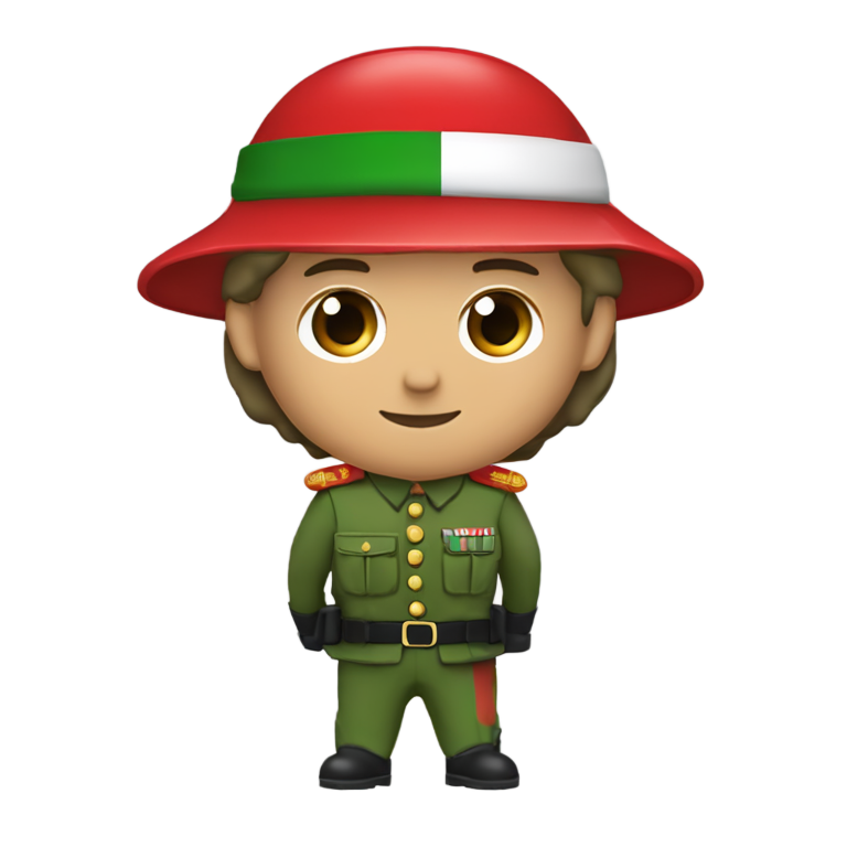 絵文字：緑と赤の制服を着たイタリアの兵士。イタリアの国旗を持ち、赤いベレー帽をかぶる。白い肌、黒髪、黒い瞳。