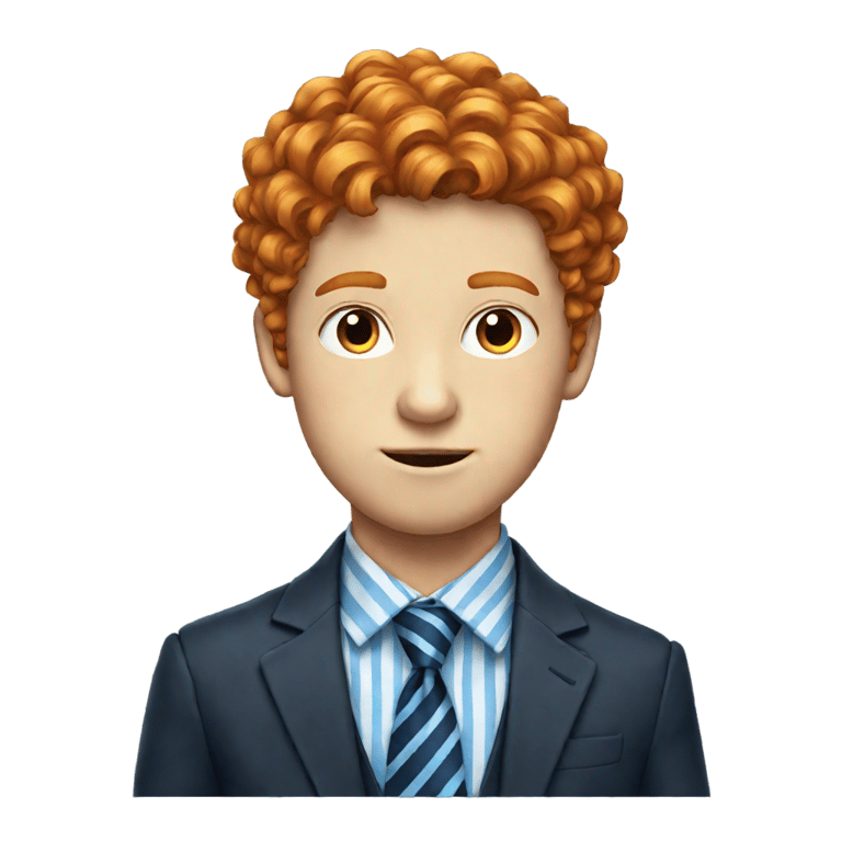 genmoji : Ado britannique roux avec une cravate rayée bleue et des cheveux bouclés avec une raie sur le côté