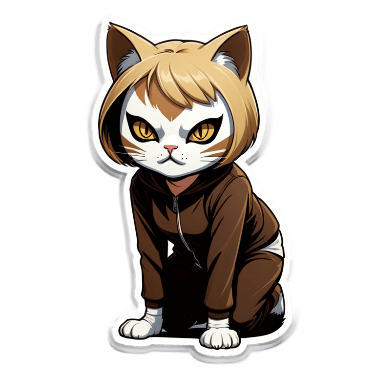 genmoji: A person with short blonde hair crawling on all fours while wearing a brown and white cat mask