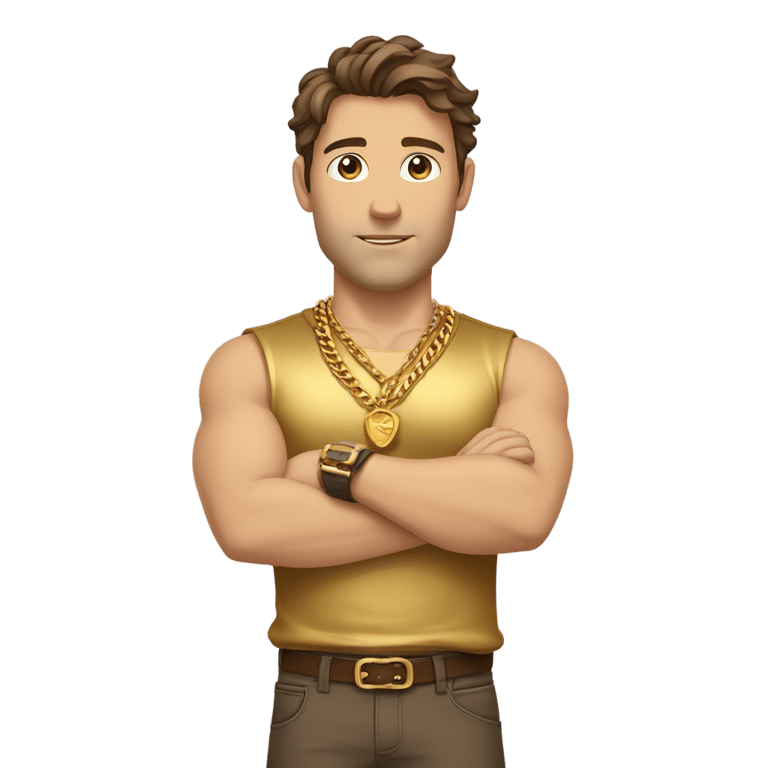 genmoji：棕发强壮白人男性，金色衬衫，多条金链，金色腕带，交叉双臂