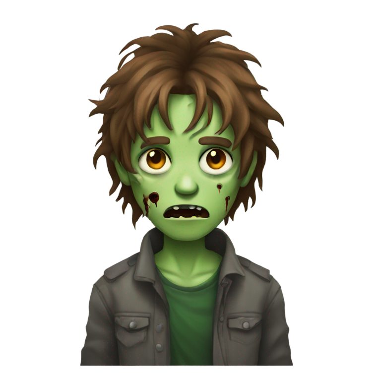 genmoji：Zombie, brown medium hair, shaggy, emo, green skin, blood, spooky, grey eyes