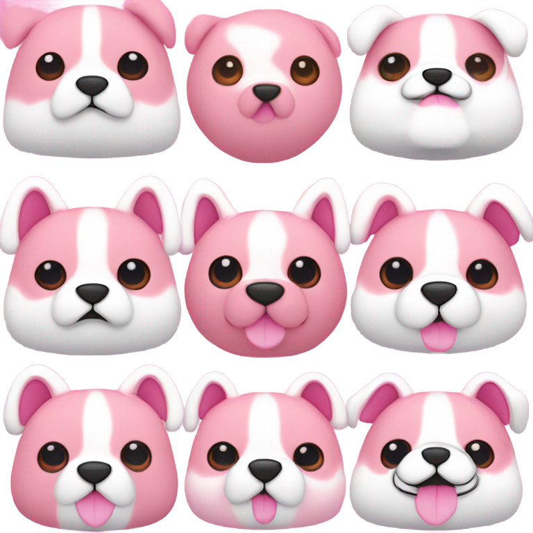 genmoji : Détina, le chien rose Squishmallow avec des oreilles tombantes roses, un nez et une bouche roses au milieu, une tache rose sur l'œil et un ventre blanc, comme un Squishmallow.