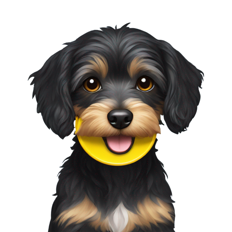 genmoji：顽皮的黑色约克普犬与黄色飞盘