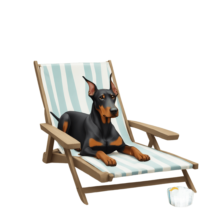 genmoji：Doberman chilling on the beach in a chair