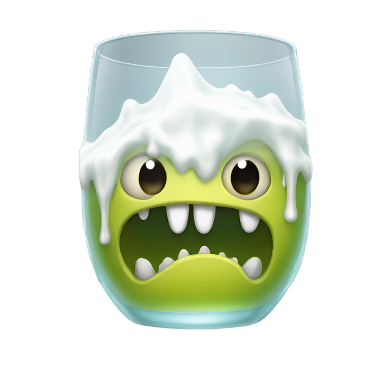 genmoji : Un petit monstre dans un verre recouvert de liquide blanc