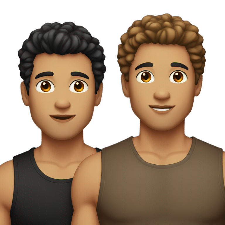 genmoji：两个男人接吻，穿着黑色背心。一个肤色中等，短黑发马尾。另一个肤色较浅，有雀斑，浅棕色梳理整齐的头发。