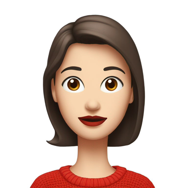 genmoji: An old computer display colored red with a blue background that contains a woman with short dark brown hair with φράντζα  white skin, brown eyes, all red sweater red lipstick