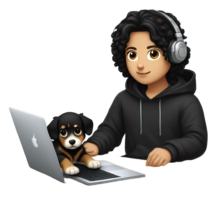 genmoji：内向的Z世代男孩，黑色卷发，戴着兜帽，黑眼圈，正在MacBook上打字。身穿黑色连帽衫，戴有线耳机，周围是书籍和一只治疗犬。