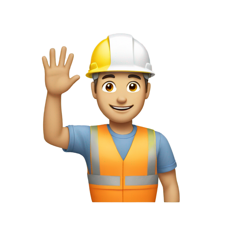 genmoji：A builder guy white helmet a hand wave In a whisper