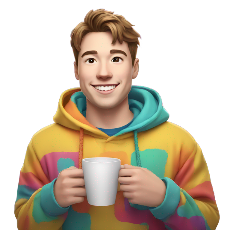 genmoji: MrBeast smiling face in a colorful hoodie, surrounded holding a coffee cup