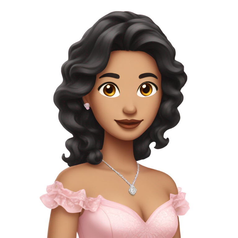 絵文字：ラテン系の長い黒いウェーブヘアで、淡いピンクのキンセアニェーラドレスを着た女性