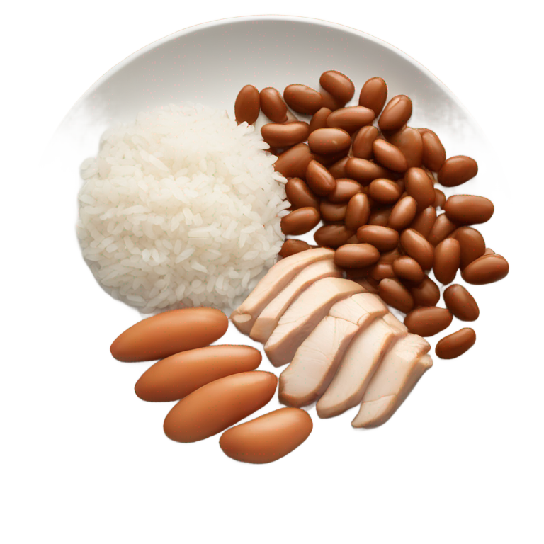 genmoji：Plate of white rice, brown chicken and brown beans, no eggs, no ham, no green, no vegetables